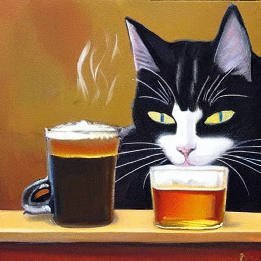 Prompt: oil in canvas of a cat drinking beer a bar, it is sad