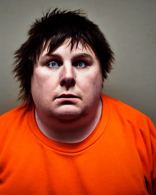 Prompt: prison mugshot of real - life eric cartman, bright flash, orange prison shirt, low saturation, somber expression, filthy hair, rugged textured face, soft vignette, soft focus, 5 0 mm, 4 k, nypd