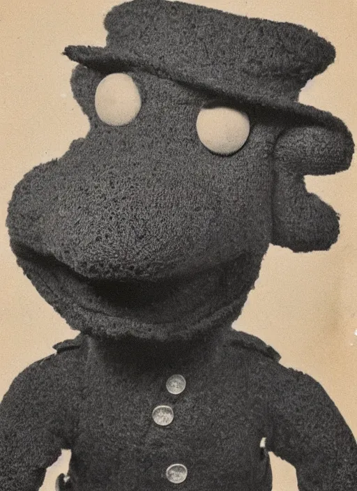 Image similar to grainy 1940’s WWII military portrait of an anthropomorphic frog muppet dressed like a soldier, professional portrait HD, frog, frog head, authentic, Kermit, muppet