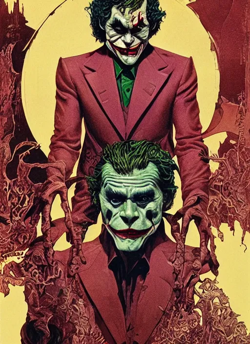 Prompt: willem dafoe as the joker, grotesque, horror, high details, intricate details, by vincent di fate, artgerm julie bell beeple, 1 9 8 0 s, inking, vintage 8 0 s print, screen print