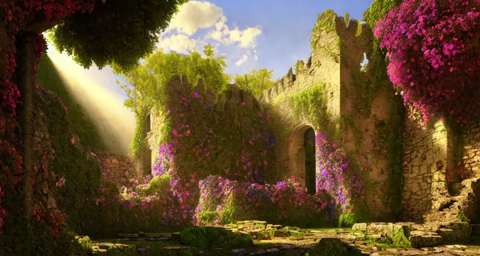 Prompt: castle ruins with colorful flowers and trees by lawrence alma - tadema ; dramatic lighting, sunshine rays, deep colors, colorful, beautiful, cel - shaded, amazing depth ; octane render, trending in artstation, behance hd, unreal engine, photography, hyperdetailed