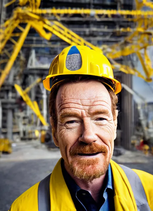 Prompt: closeup portrait of cheerful bryan cranston with crane arms, construction, yellow hardhat, sitting in a crane, natural light, bloom, detailed face, magazine, press, photo, steve mccurry, david lazar, canon, nikon, focus