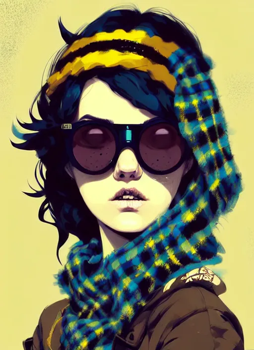 Prompt: highly detailed portrait of a sewer ( ( emo punk ) ) lady student, sunglasses, blue eyes, tartan scarf, curly hair by atey ghailan, by greg rutkowski, by greg tocchini, by james gilleard, by joe fenton, by kaethe butcher, gradient yellow, black, brown and magenta color scheme, grunge aesthetic!!! graffiti tag wall background