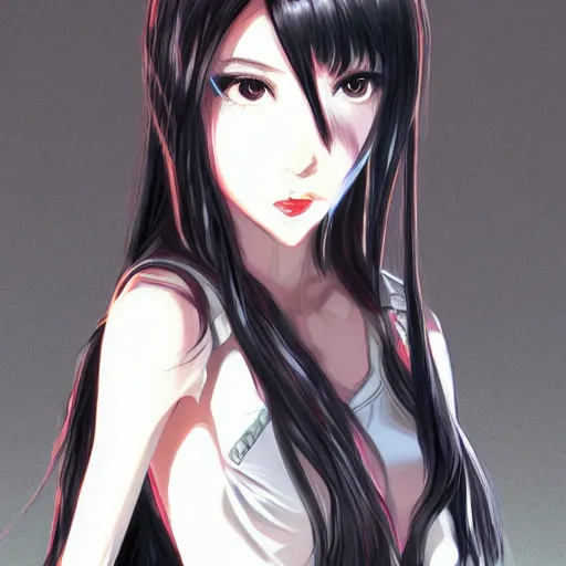 Image similar to upper body portrait of a beautiful girl with long black hair, wearing black riot gear, holding AR-15, drawn by WLOP, by Avetetsuya Studios, attractive character, colored sketch anime manga panel, trending on Artstation