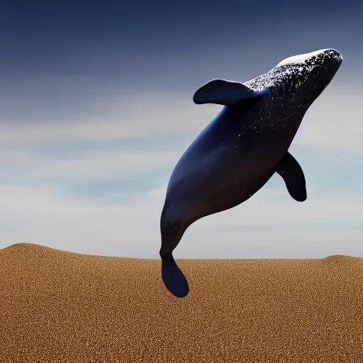 Image similar to a magic whale jumping out of the sand majestically, realistic, 4 k