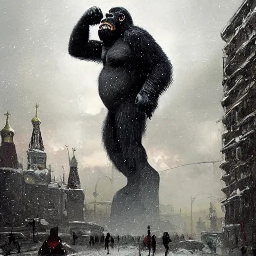 Prompt: angry and aggressive king kong in winter moscow, digital painting, very detailed, art by jakub rozalski