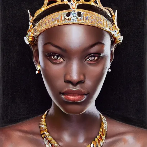 Prompt: A masterpiece portrait of a Incredibly beautiful African girl model in European barocco dress. rich jewelry. In Elizabeth\'s Queen\'s crown. Vogue. trending on artstation, digital art, by Stanley Artgerm Lau, WLOP, Rossdraws, James Jean, Andrei Riabovitchev, Marc Simonetti, Yoshitaka Amano