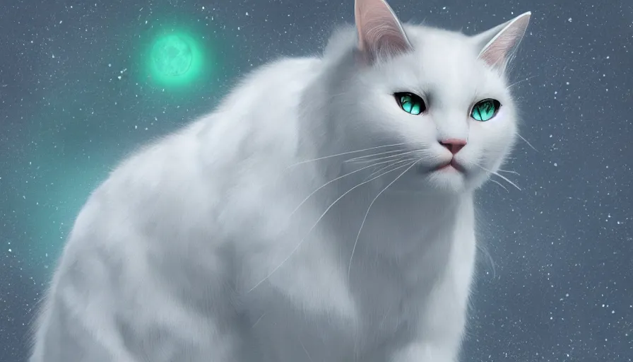 Prompt: white cat with green eyes, moon, snow, shiny, hyperdetailed, artstation, cgsociety, 8 k