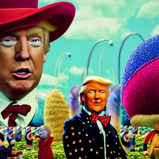 Image similar to portrait of donald trump as willy wonka in, fantasy, splash art, movie still, detailed face, photorealistic facial features, cinematic lighting, dramatic, octane render, long lens, shallow depth of field, bokeh, anamorphic lens flare, 8 k, hyper detailed, 3 5 mm film grain