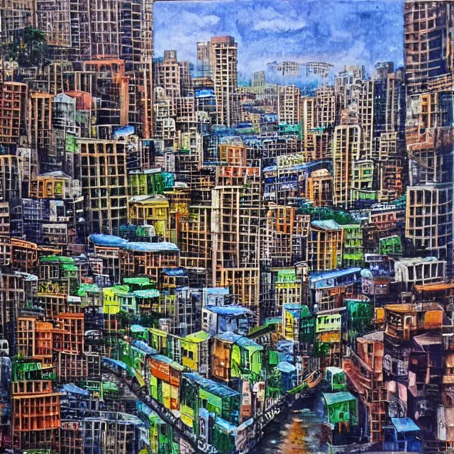 Image similar to streets of mumbai, future, mossy buildings, high fidelity, oil painting, straight lines