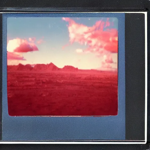 Prompt: vintage polaroid of an alien landscape, detailed clouds, planets visible in the sky, warm azure tones, red color bleed, film grain