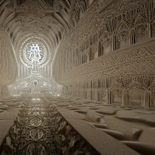 Prompt: a 3 d render of a massive sprawling fractal cathedral interior populated by mandelbrot fractals, unreal engine, carved soap, white, volumetric lighting, hyperrealistic, octane render, glowing, carved marble, opalescent, carved wood, depth of field, sacred geometry, religious, angelic, catholicpunk, photorealism, 8 k, ultra detailed