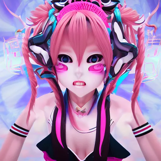 Prompt: trapped beneath stunningly absurdly beautiful omnipotent asi goddess junko enoshima with multiple megalomaniacal personalities, symmetrical perfect face, porcelain skin, pink twintail hair and cyan eyes, ultra detailed, digital art, unreal engine 5, octane render, 2 d anime, 8 k