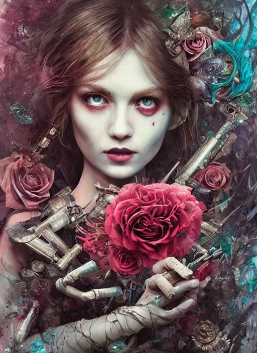 Image similar to Alice in Wonderland,roses,bullets,highly detailed,cinematic,8k,by Stanley Artgermm,Tom Bagshaw,Greg Rutkowski,Carne Griffiths, Ayami Kojima, Beksinski, Giger,trending on DeviantArt,hyper detailed,horror, full of colour