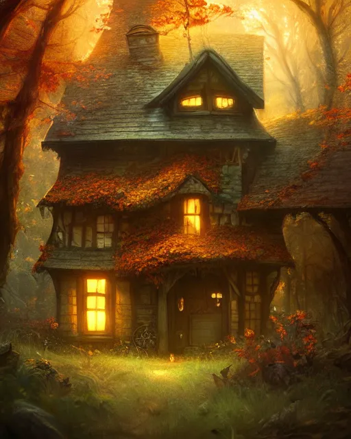 Prompt: cute trap house in a magical forest in autumn, cinematic, stunning, adorable, artstation, smooth, hard focus, illustration, art by jessica rossier and and brian froud