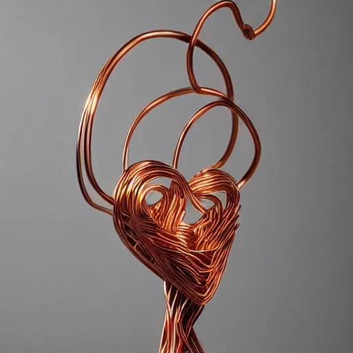 Image similar to a very beautiful tiny ( ( ( ( ( ( ( ( human heart ) ) ) ) ) ) ) )!!!!!!!!!!!!!!!!!!!!!!!!! organic sculpture made of copper wire and threaded pipes, very intricate, curved. studio lighting, high resolution, high quality, black background