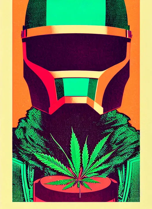 Image similar to ( ( dither ) ), super cannabis!!!!!! editorial illustration portrait of mandalorian, modern art deco, colorful, ( ( mads berg ) ), christopher balaskas, victo ngai, rich grainy texture, detailed, dynamic composition, wide angle, moebius, matte print, linocut wood block print