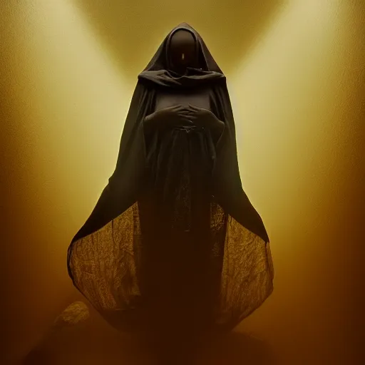 Image similar to a portrait of a young black woman wearing a long dark cloak, hood and shadows covering face, holding golden chains, oil painting, matte painting, black background, Volumetric Golden dappled dynamic lighting, Highly Detailed, Cinematic Lighting, Unreal Engine, 8k, HD, by Beksinski