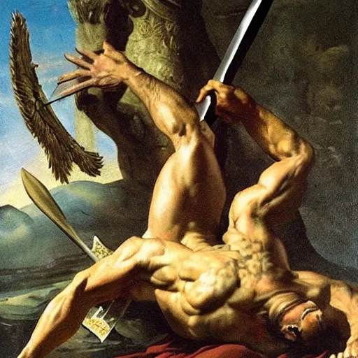 Image similar to The painting depicts the mythical hero Hercules in the moments after he has completed one of his twelve labors, the killing of the Hydra. Hercules is shown standing over the dead Hydra, his body covered in blood and his right hand still clutching the sword that slew the beast. His face is expressionless, betraying neither the exhaustion nor the triumph that must surely accompany such a feat. 1910s, dark orange by Émile Bernard, by John Singer Sargent random