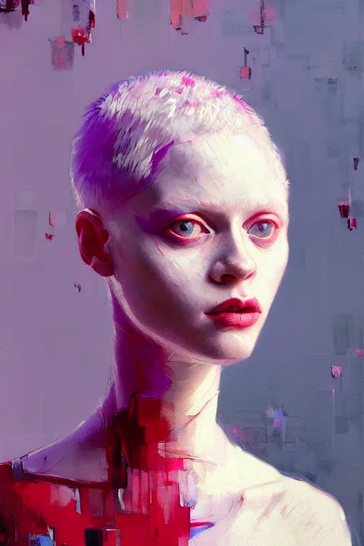 Prompt: portrait of a beautiful albino girl, shades of red and purple, beautiful face, rule of thirds, intricate outfit, spotlight, by greg rutkowski, by jeremy mann, by francoise nielly, by van gogh, digital painting