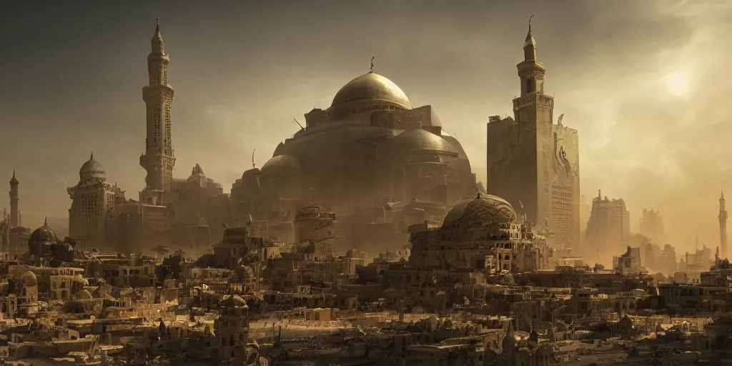 Prompt: Islamic city, beautiful dynamic lighting, cinematic, wide angle establishing shot, extremely high detail, photo realistic, cinematic lighting, post processed, concept art, artstation, matte painting, style by eddie mendoza, raphael lacoste, alex ross, volumetric lighting, light rays, photorealistic, ultrarealistic, moody, coronarender, 8k