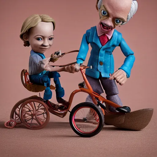 Prompt: product photography of a claymation action figure steve buscemi riding a children's tricycle, depth of field, zeiss lens, detailed, centered, by nicoletta ceccoli, mark ryden, erwin olaf, earl nore, frank frazetta, breathtaking, 8 k resolution, extremely detailed, beautiful, establishing shot, hyperrealistic