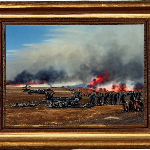 Image similar to Military battle, big explosions in the background, Lake California, Battlefield, war-torn landscape, fire, USAF Bombers, military, Battlezone