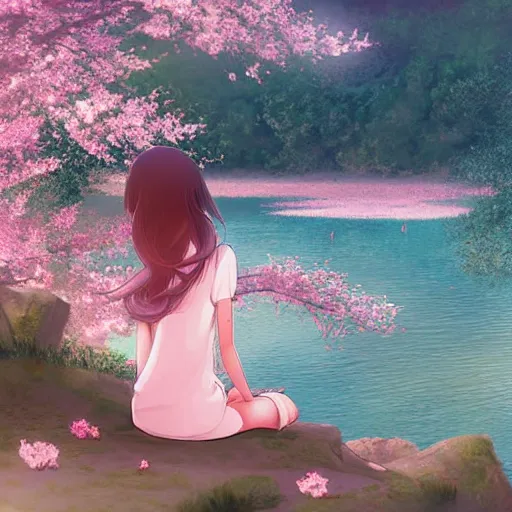 Prompt: Soft blur, digital art, anime, advanced digital art, girl sitting at the edge of a cliff overlooking a lake filled with sakura petals, light reflected on her face in the style of RossDraws. —W 4096 —H 4096