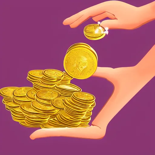 Prompt: Closeup shot of ethereal golden coins floating above an open hand, digital illustration