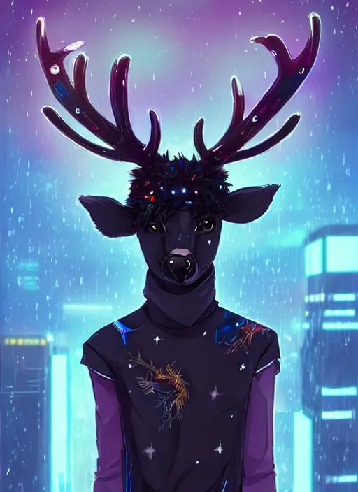 Image similar to award winning beautiful portrait commission of a male furry anthro Black Reindeer cyberpunk fursona with a tail, wings, wings, wings and a cute beautiful attractive detailed furry face wearing a crown, stylish black and rainbow galaxy clothes, outline, in a cyberpunk city at night while it rains. Character design by charlie bowater, ross tran, artgerm, and makoto shinkai, detailed, inked, western comic book art