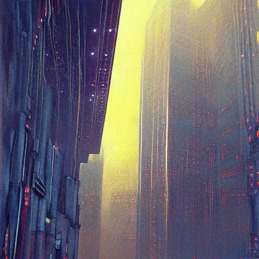 Prompt: detailed painting of a cyberpunk neon lit skyscraper, exterior, floral ornaments, volumetrics lights, beam of bright lights through the clouds, beksinski, bougeureau