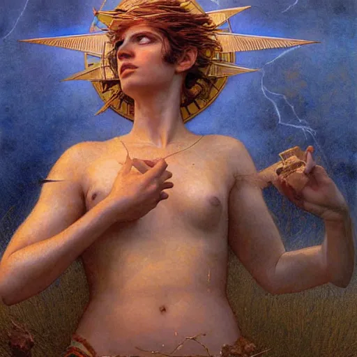 Image similar to Bright explosive Birth of Athena from the head of lightning god Zeus, hyperrealism, no blur, 4k resolution, ultra detailed, style of Greg Rutkowski, Carlos Schwabe, Dragan Bibin, Carl Spitzweg, Georges Desvallières, Tyler Edlin, Frank Frazetta