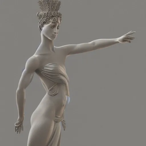 Image similar to a statue of a greek goddess dancing next to a temple in a standing pose with arms by her body, digital concept art, trending on artstation