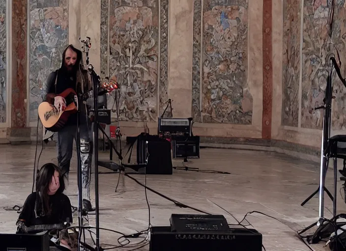 Prompt: a high resolution photograph of sunn o ) ) ) playing live at the vatican