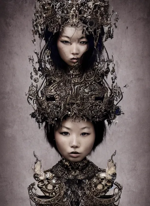 Image similar to a portrait of asian female by stefan geselle and nekro borja, photorealistic, intricate details, hyper realistic, fantasy, elegant, baroque, photorealistic, canon r 3, photography, wide shot, symmetrical features, symmetrical pose, wide angle shot, head to toe, standing pose, feet on the ground, wearable art