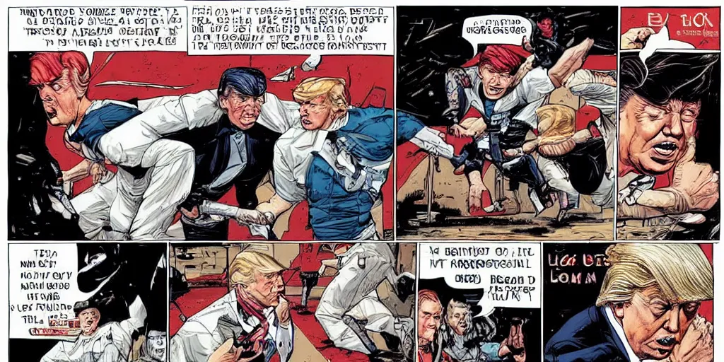 Image similar to Reagan teaching Trump how to block kicks. Epic painting by James Gurney and (Laurie Greasley).