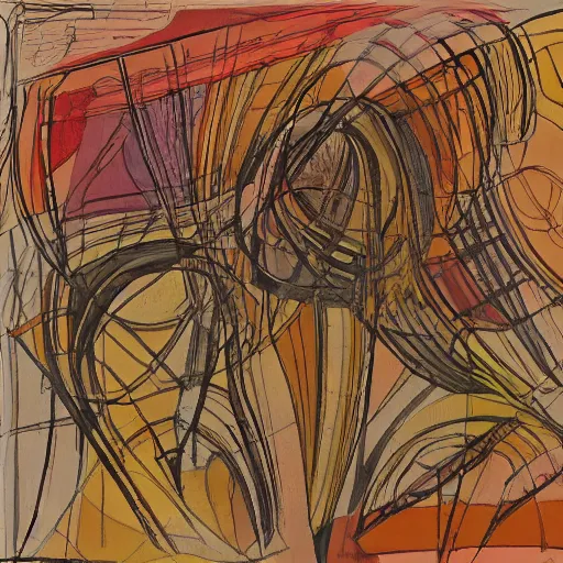 Image similar to a panting about victorian society, drawn in abstract with warm colors, with lines drawn straight with penned ink