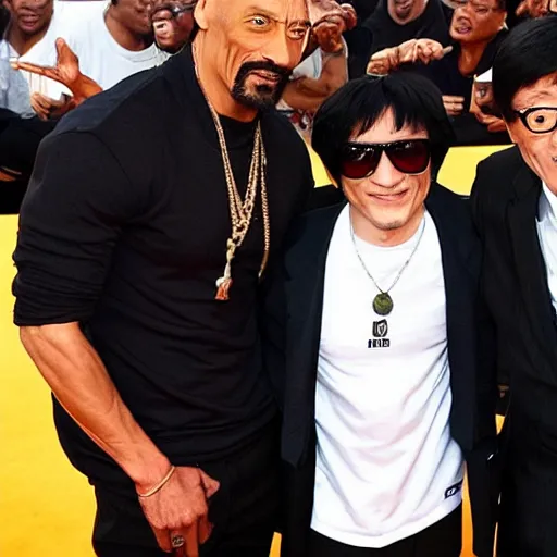 Image similar to a picture of the rock, snoop Dogg and Jackie Chan posing together for the camera