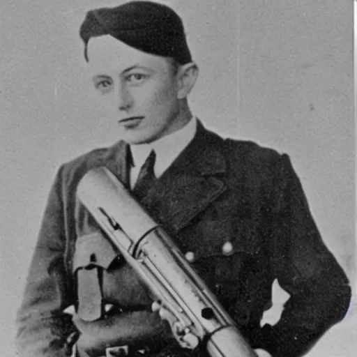 Image similar to old wartime photograph of elon musk holding a lewis gun, 1 9 1 7