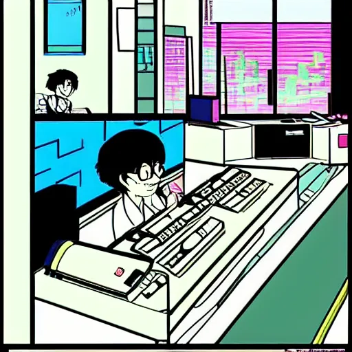 Prompt: man working at his computer in the 8 0 s, vaporwave nostalgia, 8 0 s anime, studio ghibli, sketched by osamu tezuka