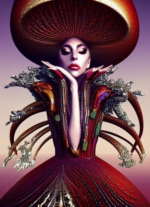 Prompt: lady gaga with futuristic mushroom : : by sandro botticelli : : ornate, dynamic, particulate, rich colors, intricate, elegant, highly detailed, vogue, harper's bazaar art, fashion magazine, smooth, sharp focus, 8 k, octane render,