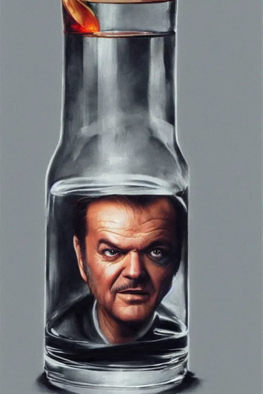 Prompt: a ship in a bottle but instead of a ship it is jack nicholson in the bottle, a young jack nicholson, fancy whiskey bottle, masterpiece painting by artgerm and tom bagshaw