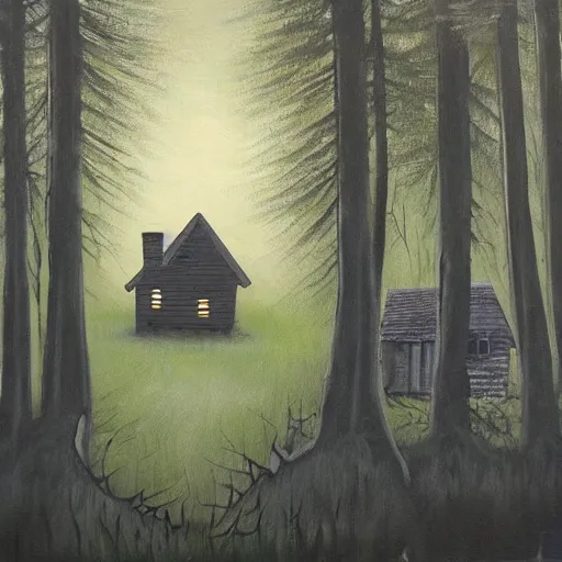 Image similar to a painting of a Eerie cabin in the middle of the woods in the style of Banksy