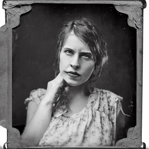 Prompt: longshot view realistic tintype photograph of a woman with heavy makeup who is wearing a floral sleeveless sundress and holding a suitcase while running through a field at night, raytracing, 8 k, hyperrealistic, insanely detailed, hdr, octane render, uhd, tintype, deckle edge, motion blur, expired black and white film, by francesca woodman