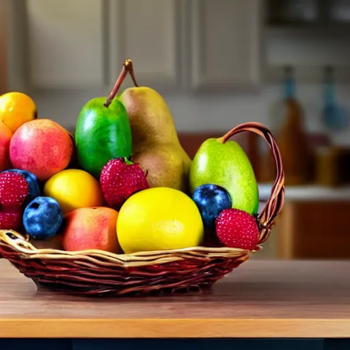 Prompt: a fruit basket on top of a kitchen table, high detail