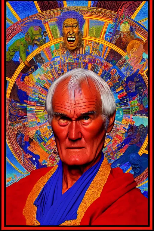 Prompt: an awesome jean giraud masterpiece of timothy leary in the style of a renaissance masters portrait, tibetan book of the dead imagery, new - age symbolism, mysticism, intricately detailed, 4 k, cgsociety