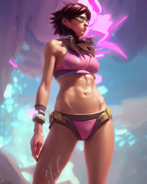 Prompt: play of the game of tracer wearing pink bikini, perfect face, brown hair, abs, cinematic, stunning, cute, adorable, strong, highly detailed, psychedelic, digital painting, artstation, smooth, hard focus, illustration, art by jessica rossier and and brian froud