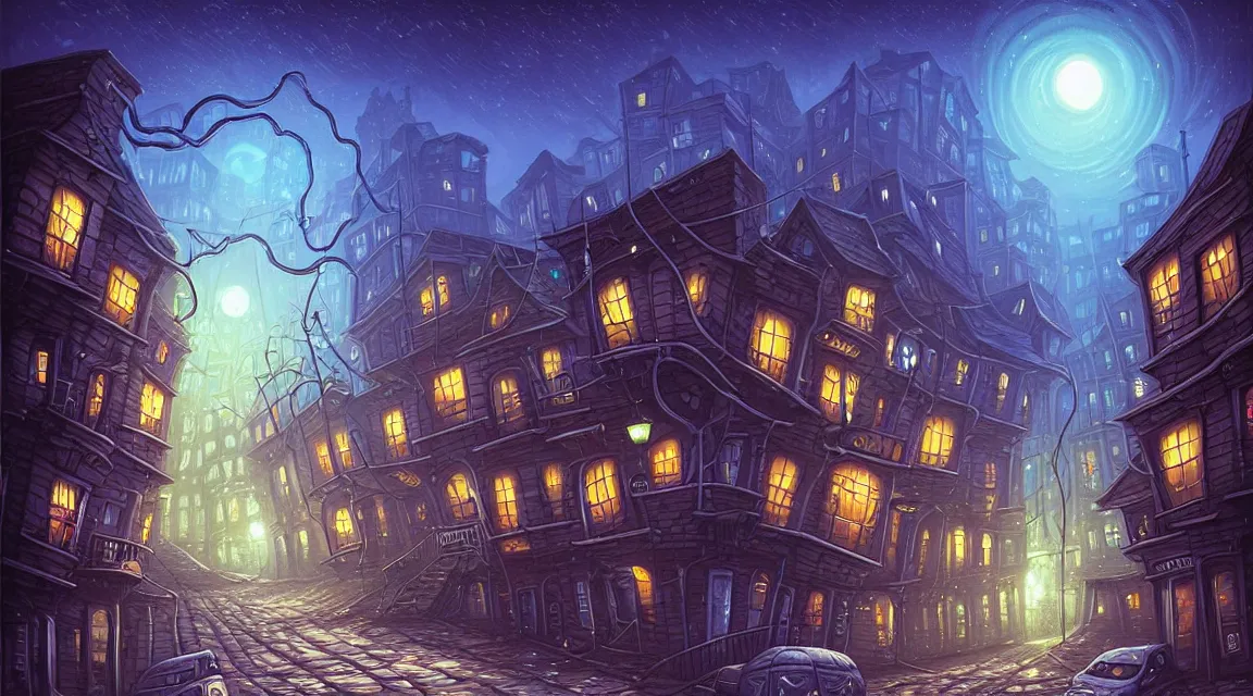 Prompt: street level view of a lovecraftian town. lovecraft. lovecraftian city at night by cyril rolando and naomi okubo and dan mumford and ricardo bofill. lovecraftian buildings. cobbled streets. lovecraftian landscape. swirly night sky.