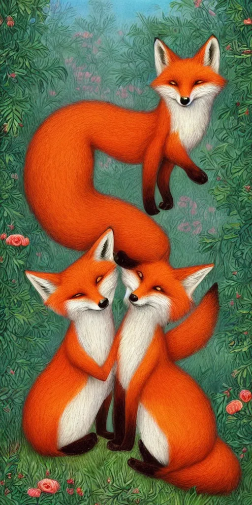 Prompt: greeting card, love, 2 beautiful foxes, by greg simkins, warm colors, cozy