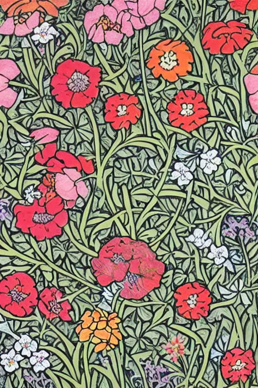 Image similar to spring flowers, happy and beautiful, by jacdraws and william morris